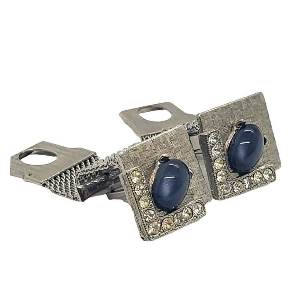 Vintage Cufflinks Silver Mesh Wrap Around Black Cats Eye & Rhinestones Cuff Link